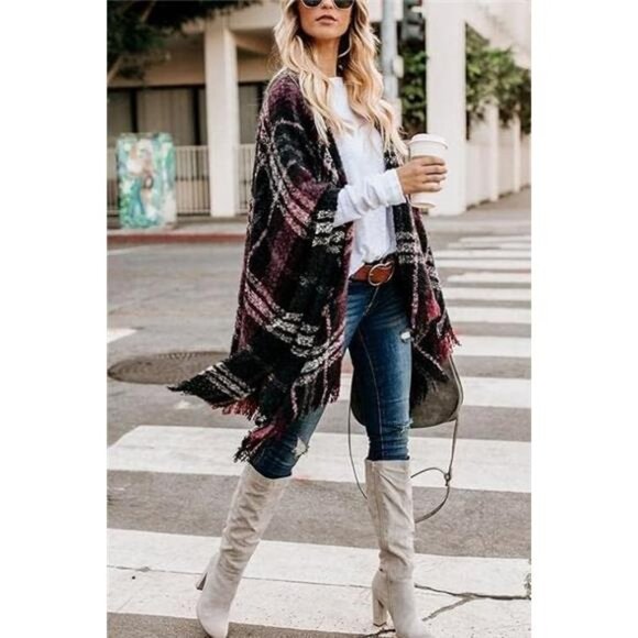 Women's Boho Open Front Poncho Knitted Plaid Shawl Wrap Cape Tassel Cardigan - Picture 4 of 7